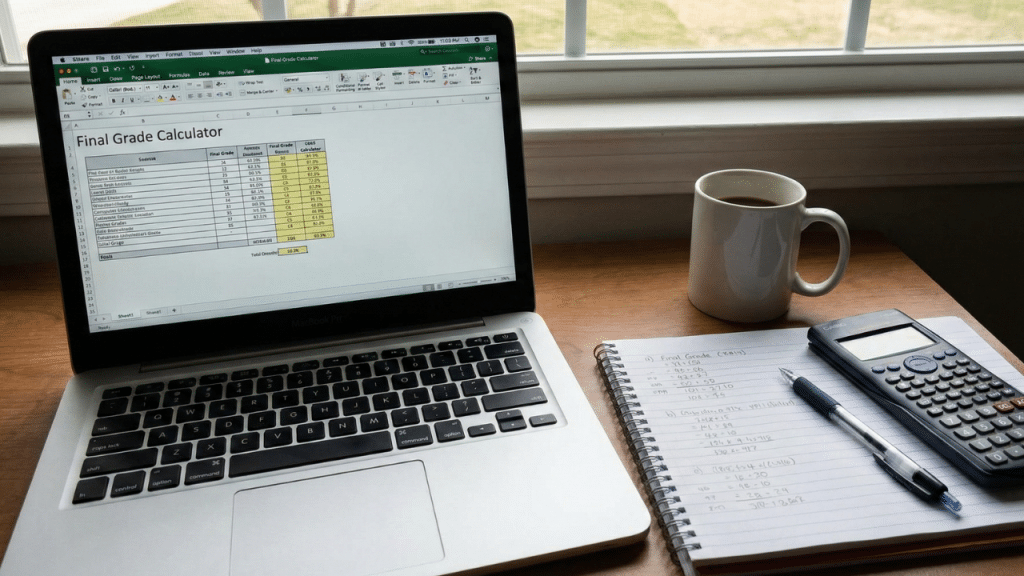 A Laptop, calculator and Notebook is on the table showing someone is calculating its final grades